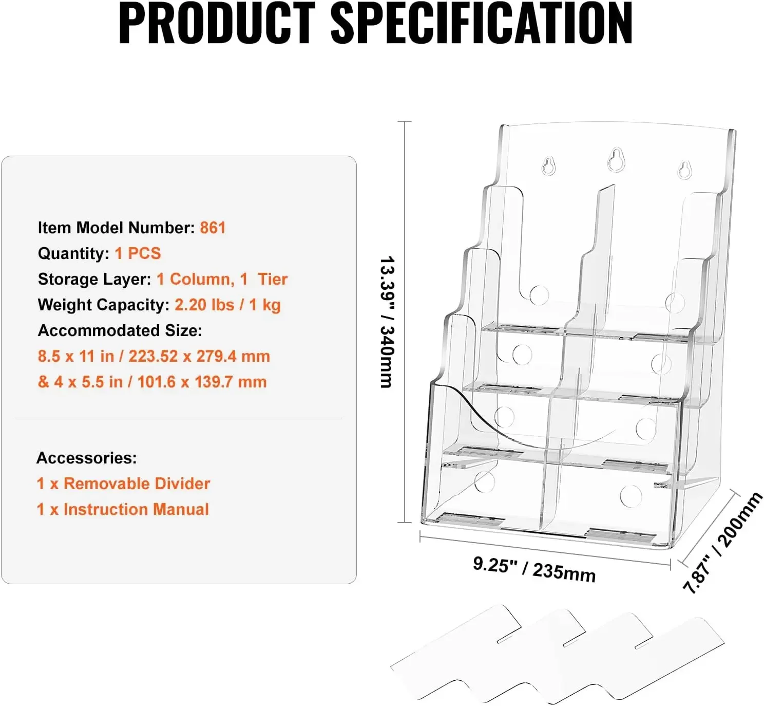 Acrylic Brochure Holder 8.5 x 11 inch, 4-Tier Clear Acrylic Literature Display Stand, Flyer Stand & Removable Divider