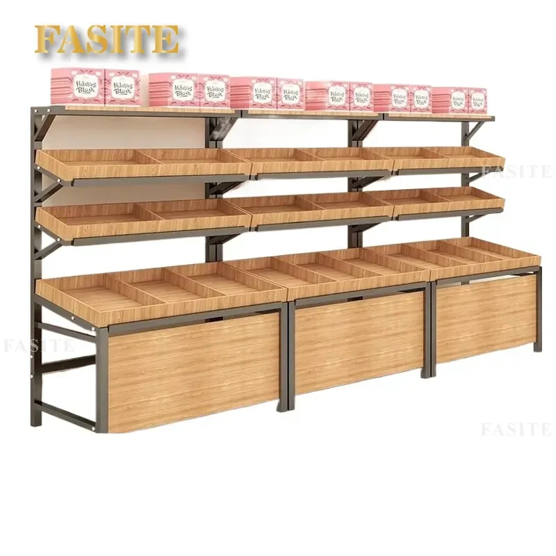 For Fresh Supermarket Fruit Shelf Display Rack Steel Wood Vegetable Stand Commercial Store Organizer Sturdy Heavy Duty
