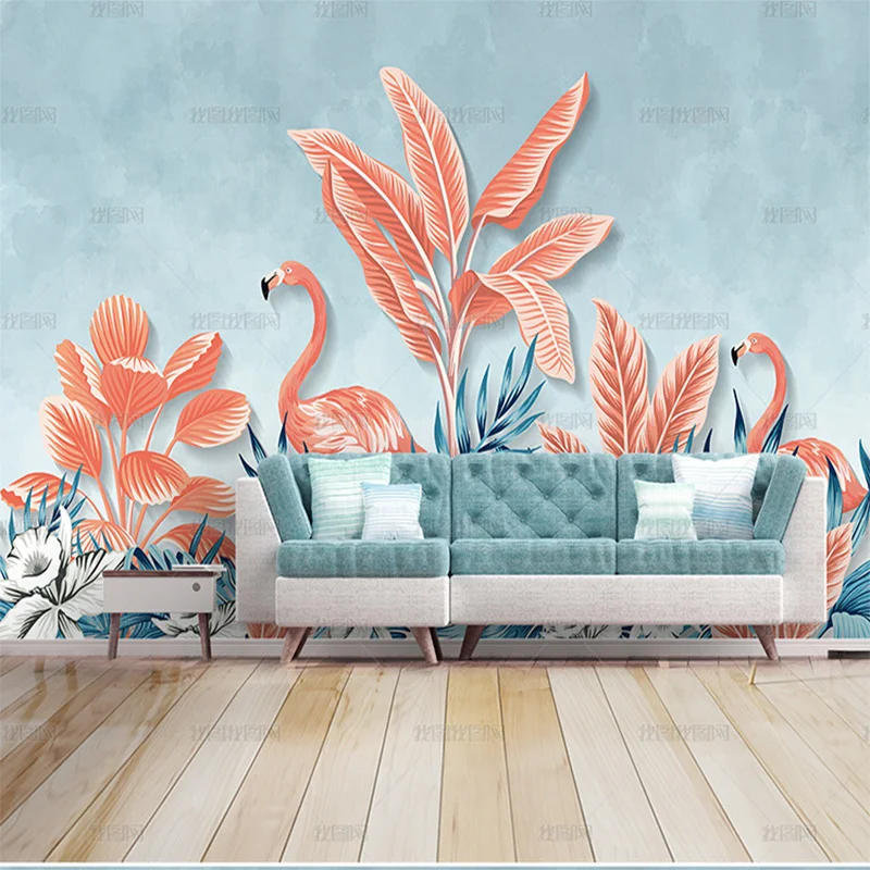 

custom 3D Nordic hand painted small fresh tropical plant wallpaper Flamingo TV living room sofa background wall bedroom mural 8d