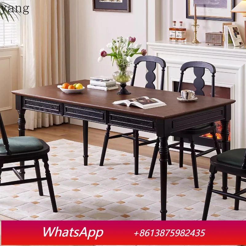

LMM solid wood rectangular dining table medium and antique household small apartment large board table with drawers