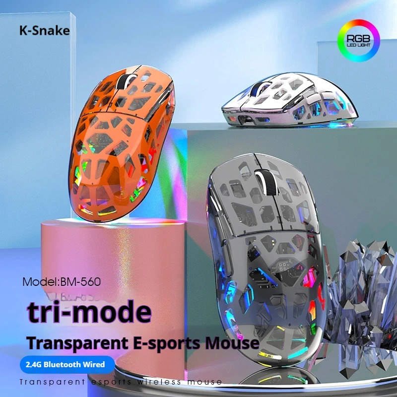 K-Snake Bm560 Tri-Mode Transparent Esports Mouse Game Chip Lightweight Design Large Capacity Long Battery Life Gaming Office