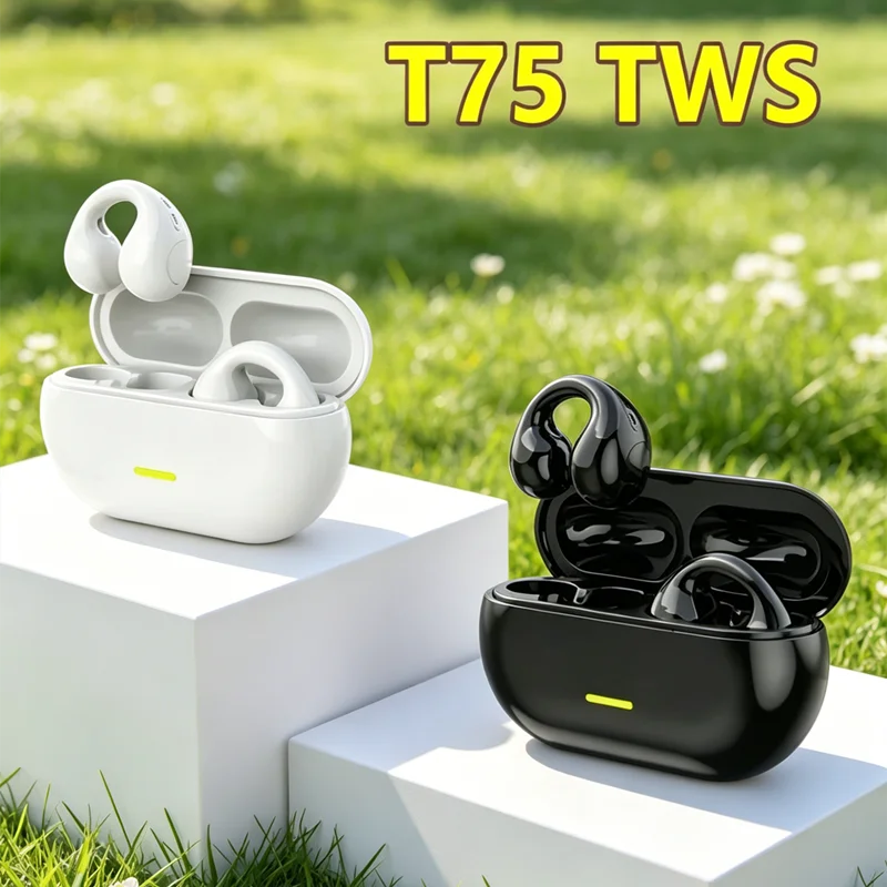 Fone de ouvido Bluetooth T75 5.3 sem fio com condução óssea, tipo clipe, para música, esportes e jogos, compatível com smartphones.