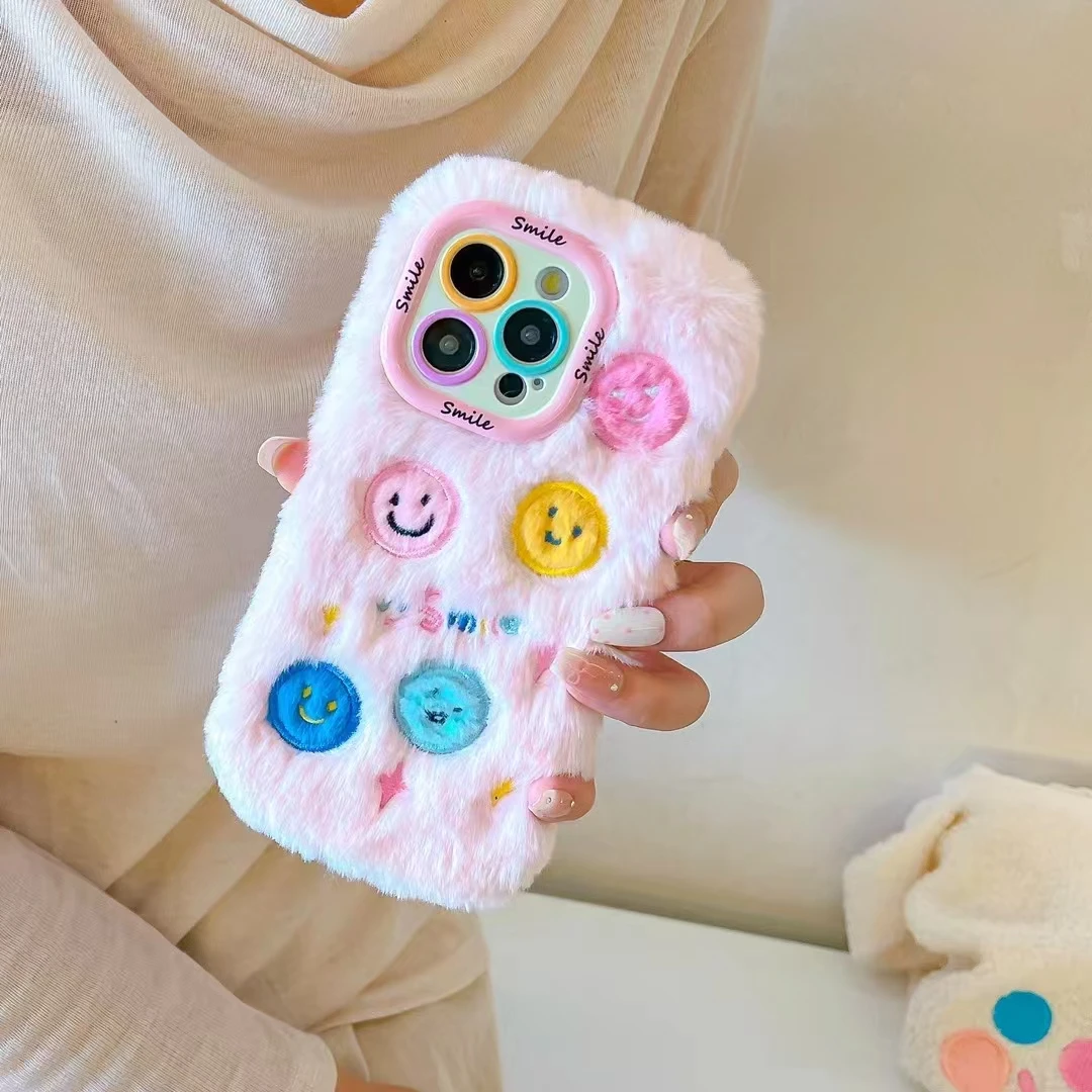 Luxury Creative Plush Smile Embroidered Soft Fur Puff Holder Phone Case Cover For iPhone 11 12 13 14 15 16 Pro Plus Max