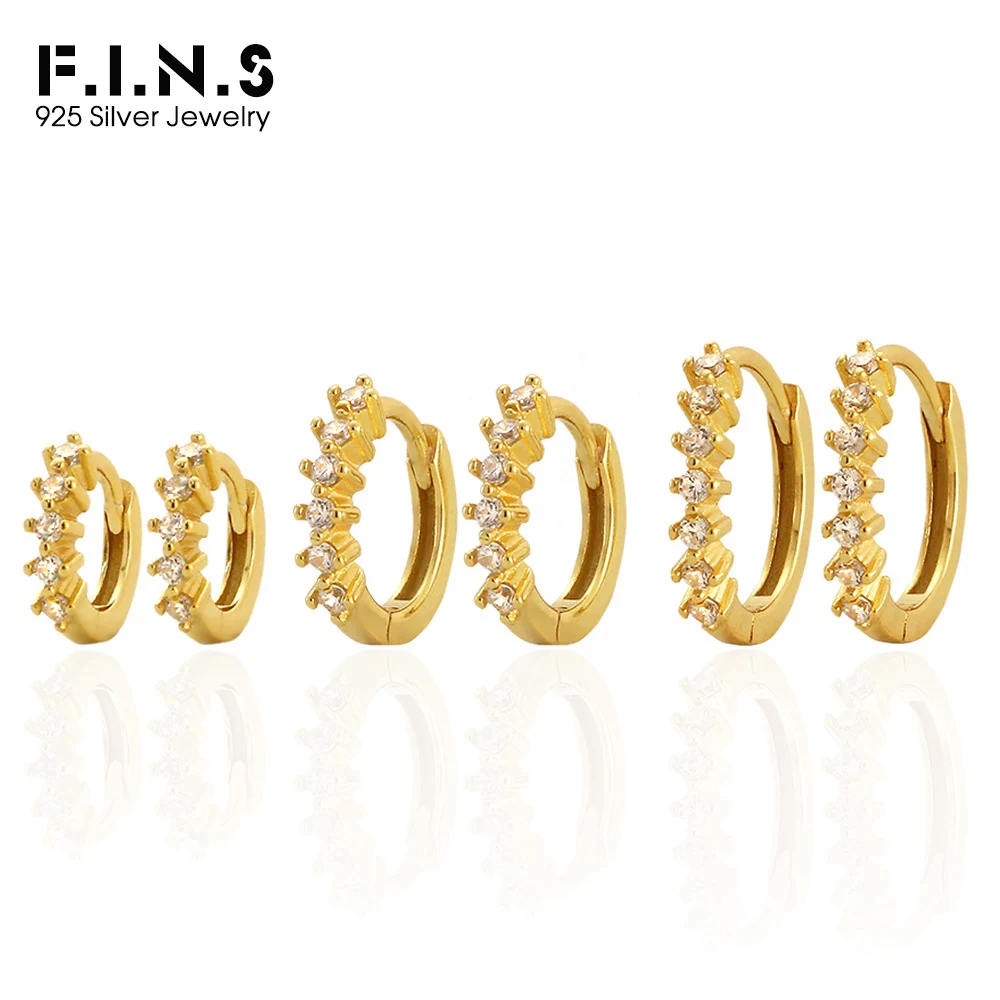 

F.I.N.S Original 925 Sterling Silver Gold Zircon CZ 6mm 8mm 10 mm Huggies Hoops Piercing Pendiente Clips Luxury Fine Jewelry