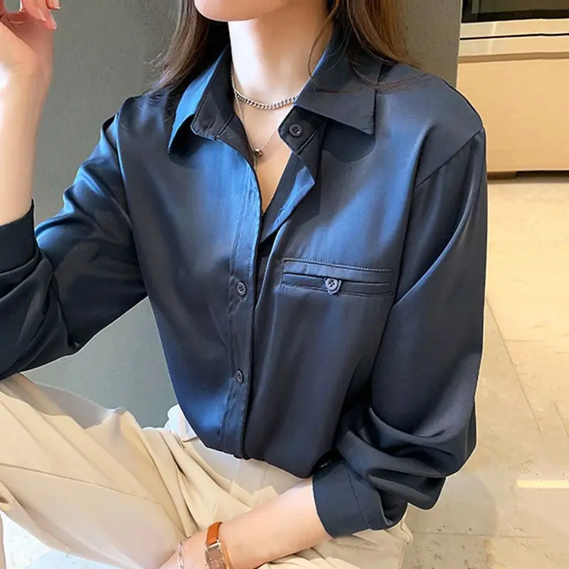 

White Shirt for Women Spring Autumn New Large-size Design Top Loose Satin Base Shirt
