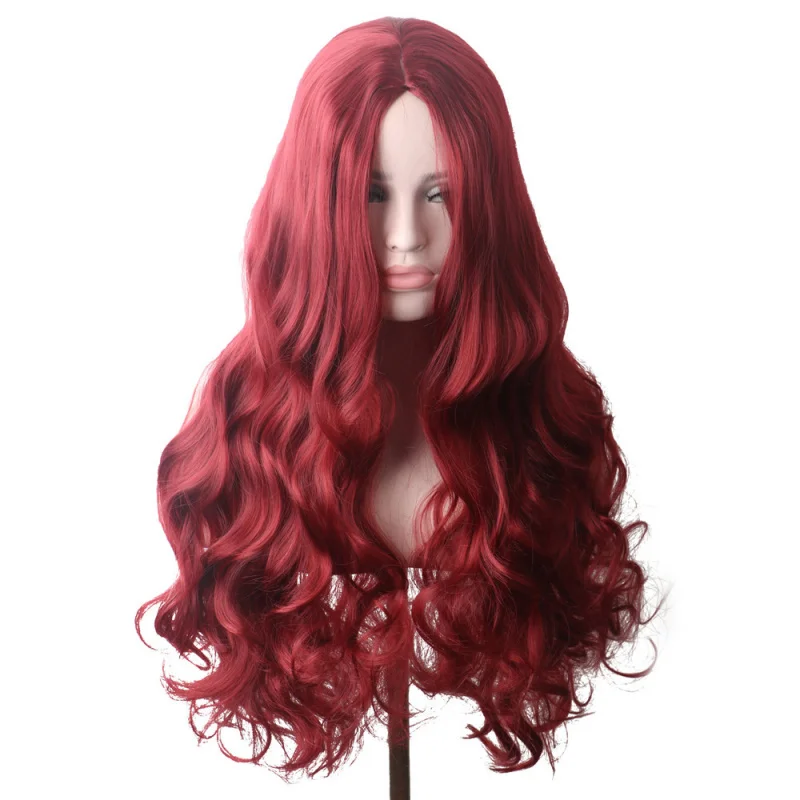 

Wigs European and American Style Burgundy Wig Set for Women, Middle Part Long Curly Hair Big Waves Synthetic High-Temperature Fi