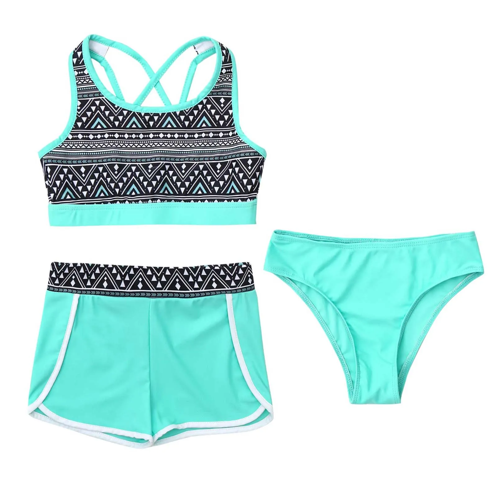 Kids Girls 3 Pieces Tankini Set Floral Print Criss Cross Back Crop Tops with Boyshort Bottoms Beach Sport Swimwear Bathing Suit