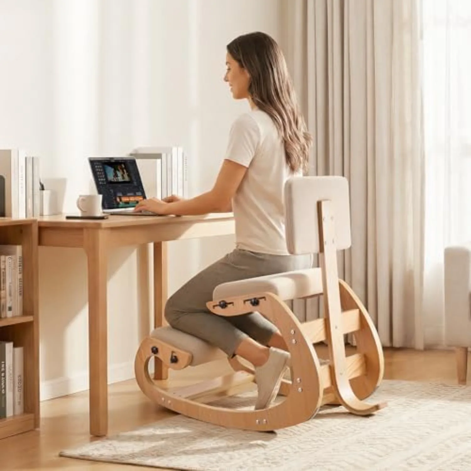 Ergonomic Kneeling Chair, Wooden Posture Knee Chair with Adjustable Thick Foam Cushions, Backrest and Wood Frame