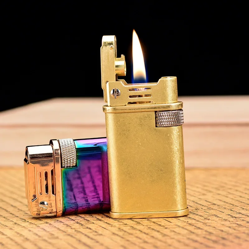 

Retro Groove Copper Flint Lighter Brass Metal Men's Small Tool Open Flame Lighter Gas Grinding Wheel Cigarette Cigar Accessories