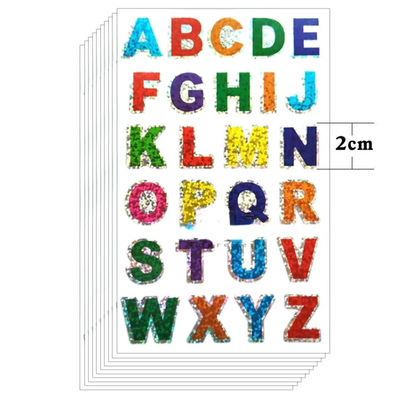 10 Sheets Colorful Laser Letters Number Stickers for Students Kids Book Notebook Decor DIY Self Adhesive A To Z Words Stickers