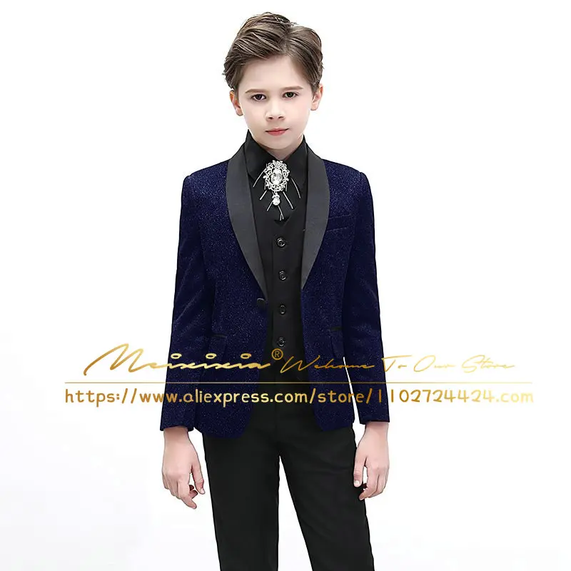 Boy's Suits 3 Pieces Shiny Gold Wedding Suits For Kid Shawl Lapel (Jacket+Pants+Vest) Children Formal Party Prom Wear