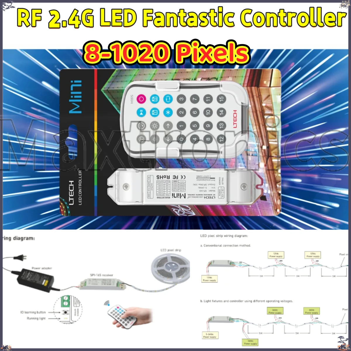 

Контроллер-диммер LTECH DC5-24V RF2.4GHz SPI 8-1020 пикселей SPI-16S+M16S для светодиодных лент RGBIC WS2811/WS2812B/APA102 COB