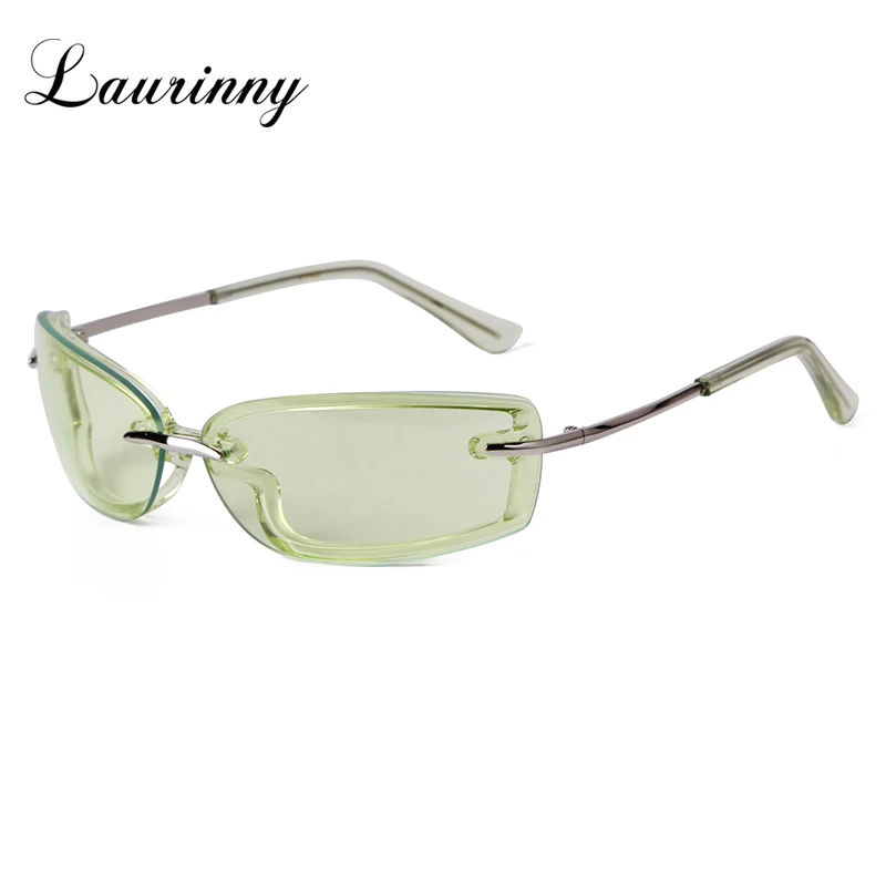 Trend Green Rimless Rectangle Sunglasses Women Men Brand Design 2024 Luxury Goggle Y2K Pink Yellow Lens Sun Glasses UV400 Female