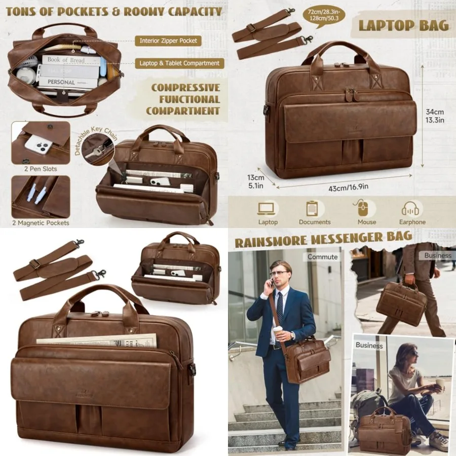 

Mens Laptop Bag PU Leather Messenger Bag 15.6 Inch Briefcase Vintage Computer Satchel Bag for Work Business