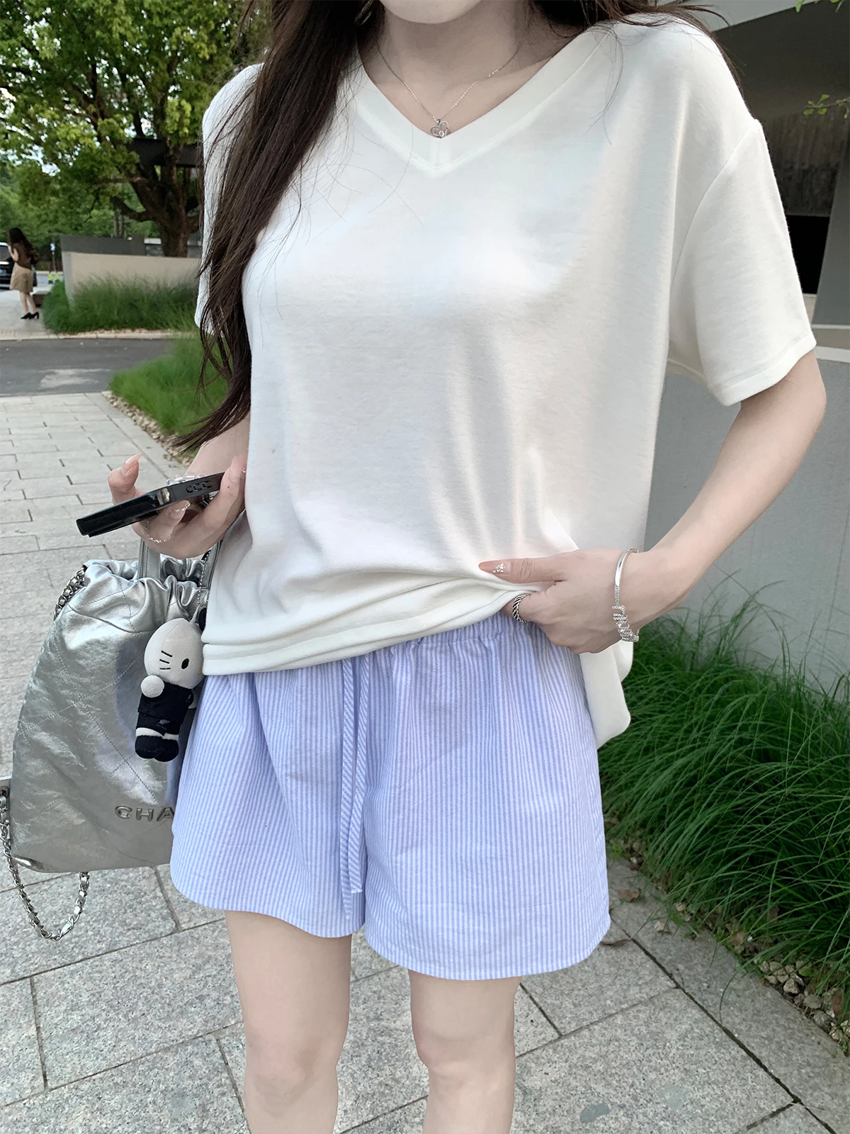 

Casual Blue Stripe ort Pants Versatile High Waist Wide Leg Cotton Summer New Arrival from Zzhen Studio Straight Cut Loose Fit