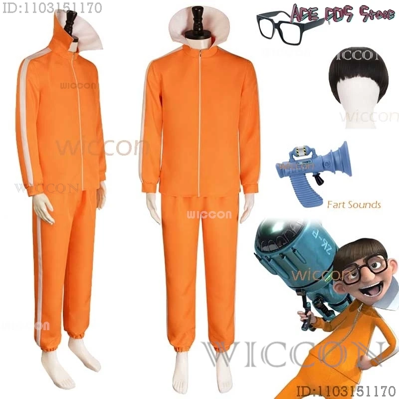 Movie Vector Cosplay Costume Orange Jakect Pant Glasses Wig Outfits Victor Set Mushroom-shaped Halloween Fancy Suit Party Prop