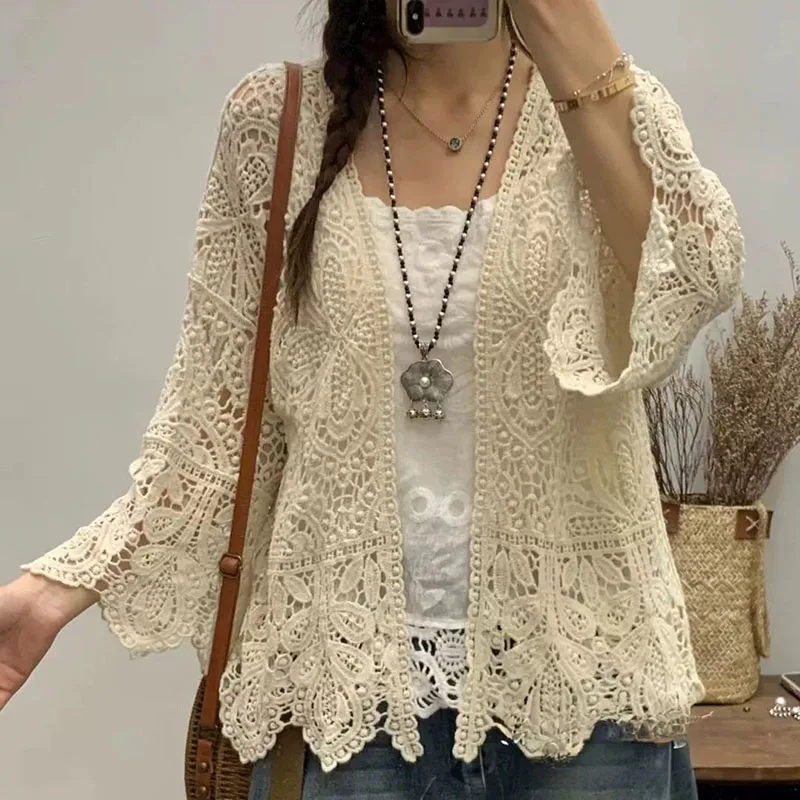 

Fashion Women Simple Thin Outerwear Casual V-neck Lace Hollow Out Knitted Cardigans Lady Solid Color Long Sleeve Commute Coat