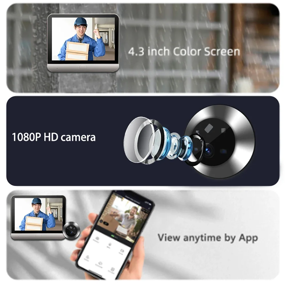 4.3 Inch Tuya Wide Angle Door Peephole Camera Two Way Intercom Video Eye Motion Detection Wifi Doorbell Camera 5000mAh Battery