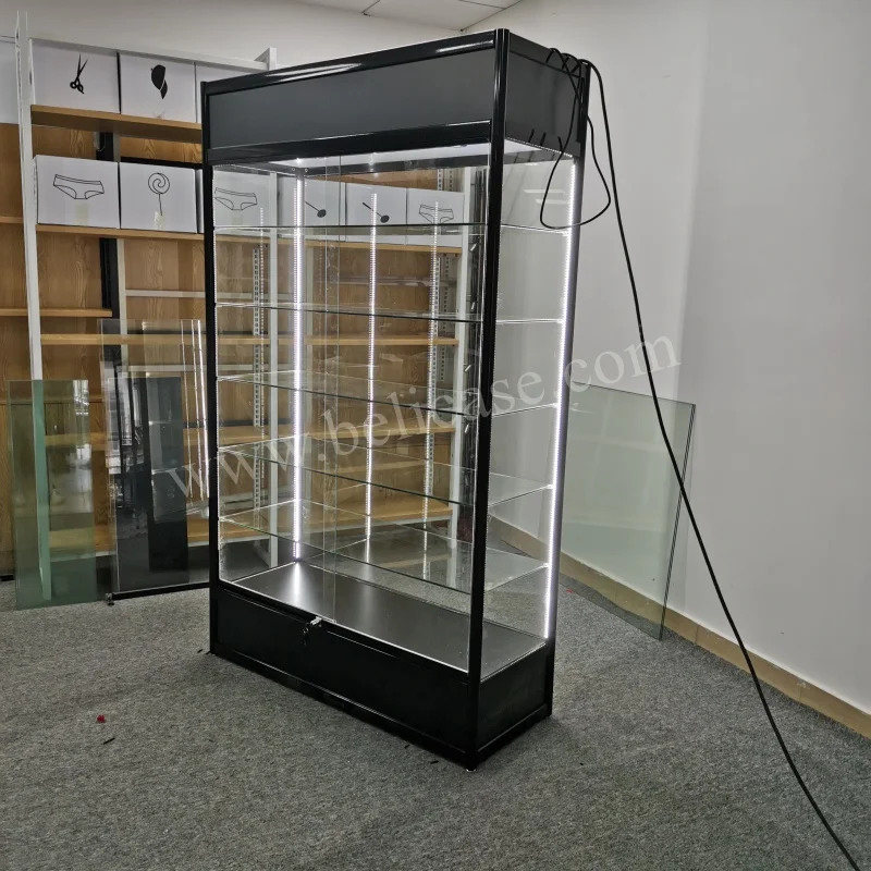 (Customized) led retail shop glass display cabinet aluminum frame lockable glass display smoke shop showcase smoke