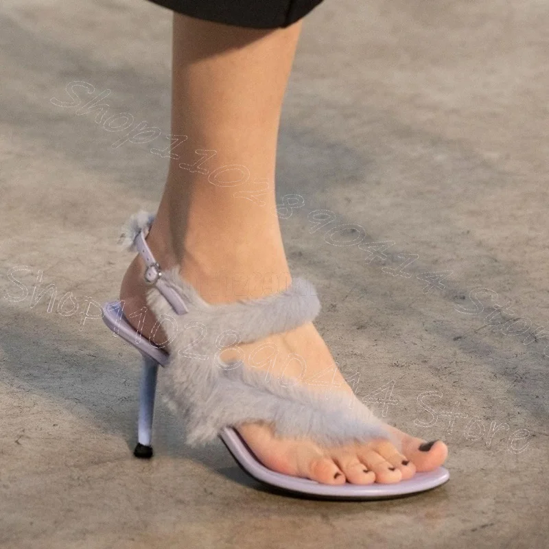 

Gray Red Fur Design Flip Flop Sandals Buckle Strap Women Shoes Thin High Heels New Fashion Party Runway 2025 Zapatos Para Mujere