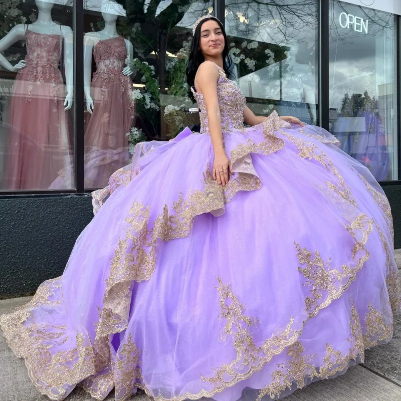 Lavender Sweetheart Princess Quinceanera Dresses Ball Gown Gold Lace Appliques Beading Sweet 16 Prom Dress Vestidos De 15 Años