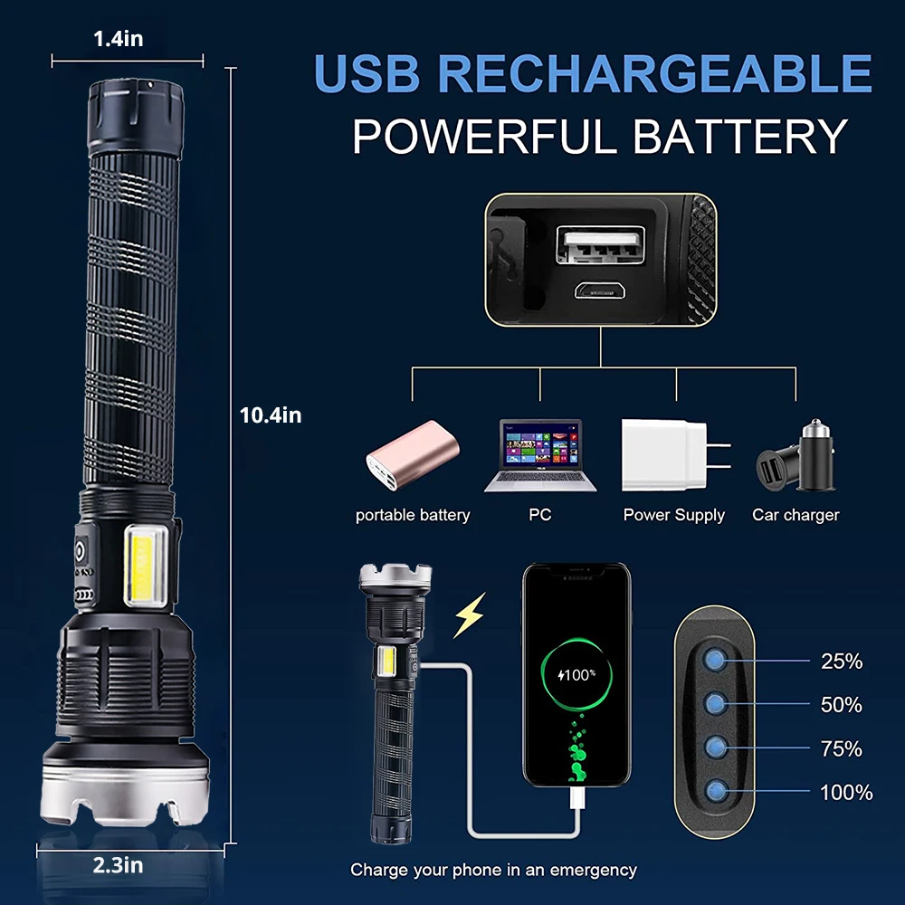 強力なLEDUSB懐中電灯,充電式,戦術的なフラッシュ,フォーカス,防水ハンドランプ,990000000LM xhp360.3