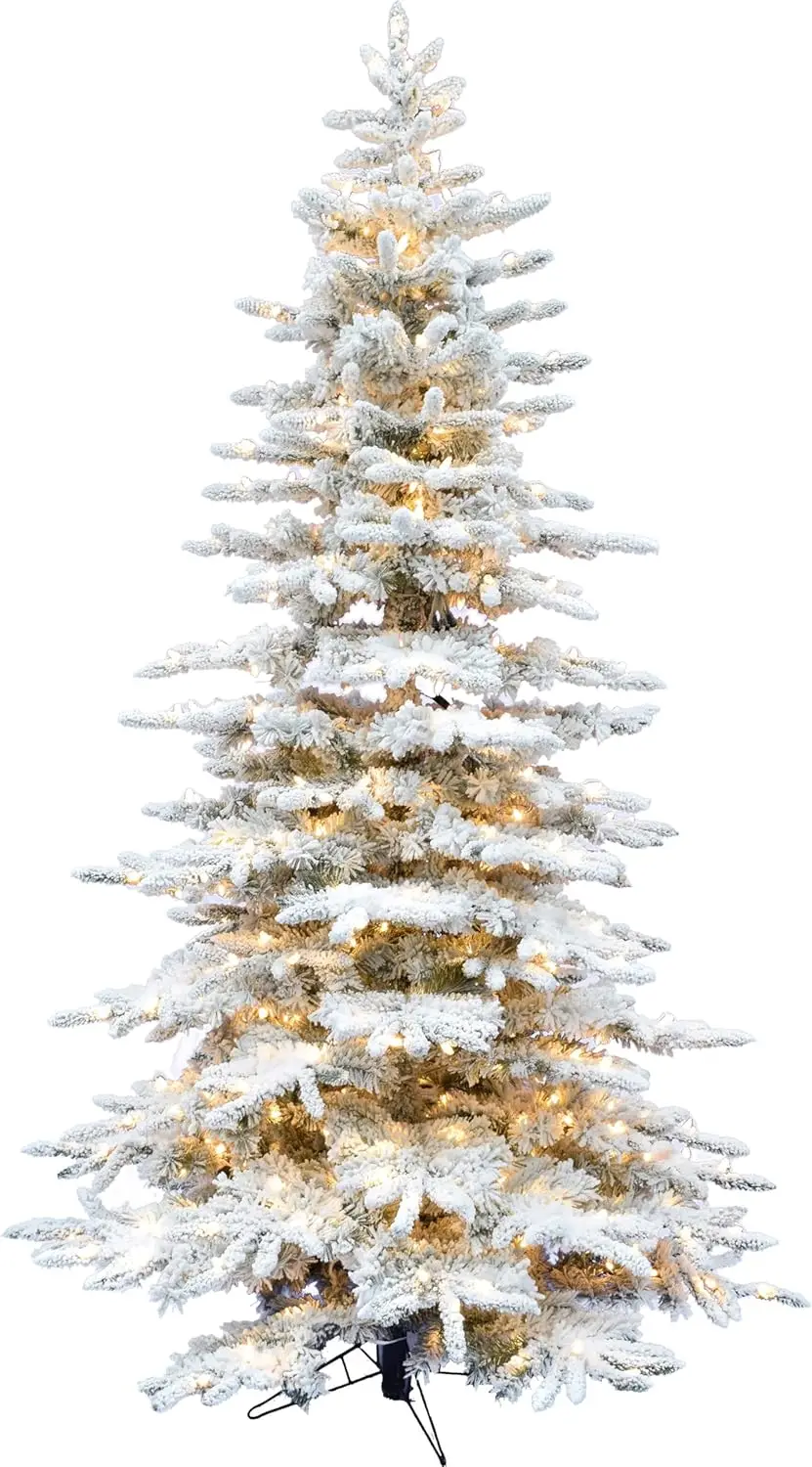 Fraser Hill Farm Pine Valley Flocked Christmas Tree, 10 Feet Tall, Artificial Snowy Tree Includes Easy To Connect Warm White