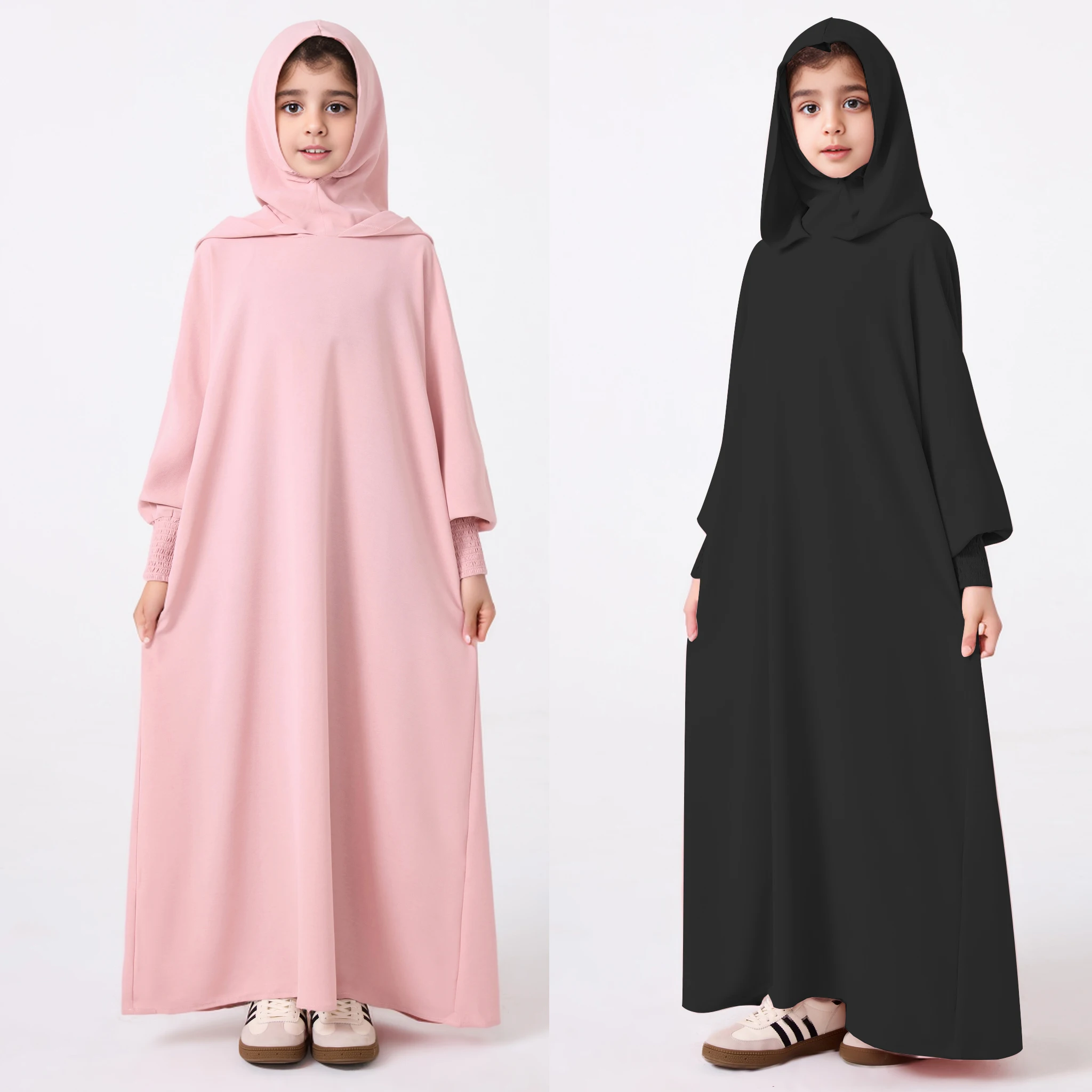 Middle East Muslim Abaya Girl's Hoodie Dress With Solid Color Hooded Cuff Design