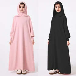 Ramadan Middle East Muslim Abaya Girl's Hoodie Dress With Solid Color Hooded Cuff Design