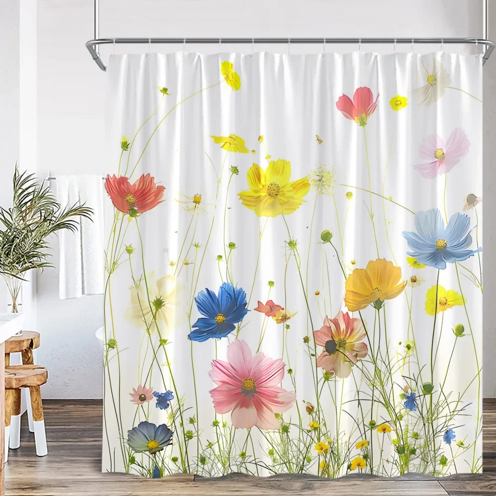 Floral Shower Curtain Colorful Flower Daisy Dandelion Poppy Flower Leaf Herb Plant Bathroom Decor Oil Painting Bathtub Curtain