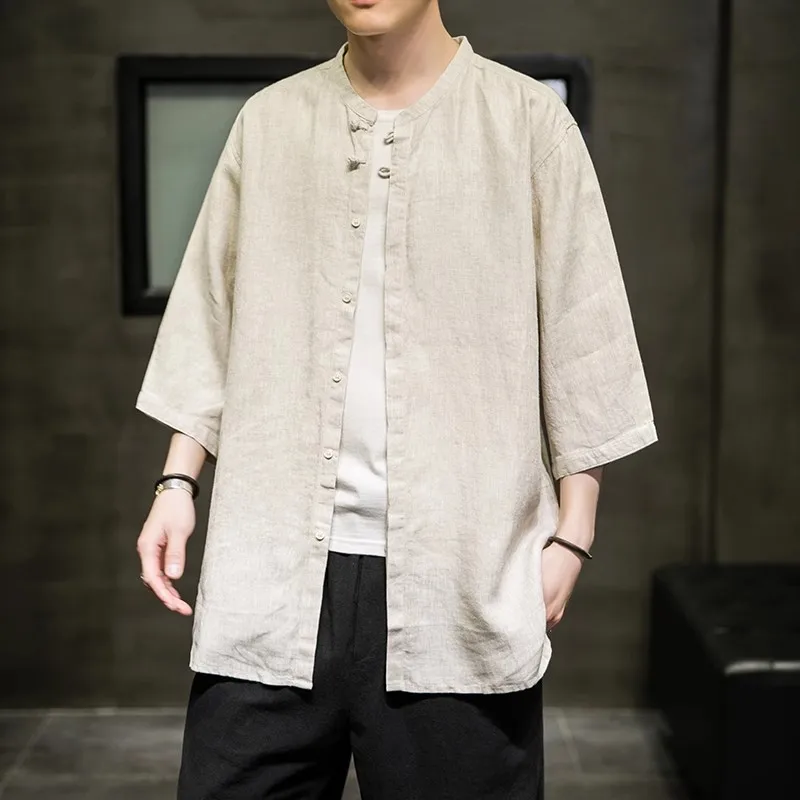 

2025 Summer Chinese Style Cotton Linen Casual Shirts Men Solid Stand Collar Half Sleeve Loose Breathable Shirt Man Plus Size 5XL