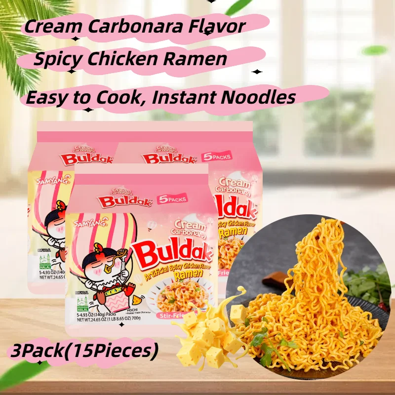 Buldak Noodles Cream, Carbonara Hot Chicken Flavor, Mexa Fried Ramen, 5 Pacotes, 4,93 oz, 3 Pacotes 15 Pcs