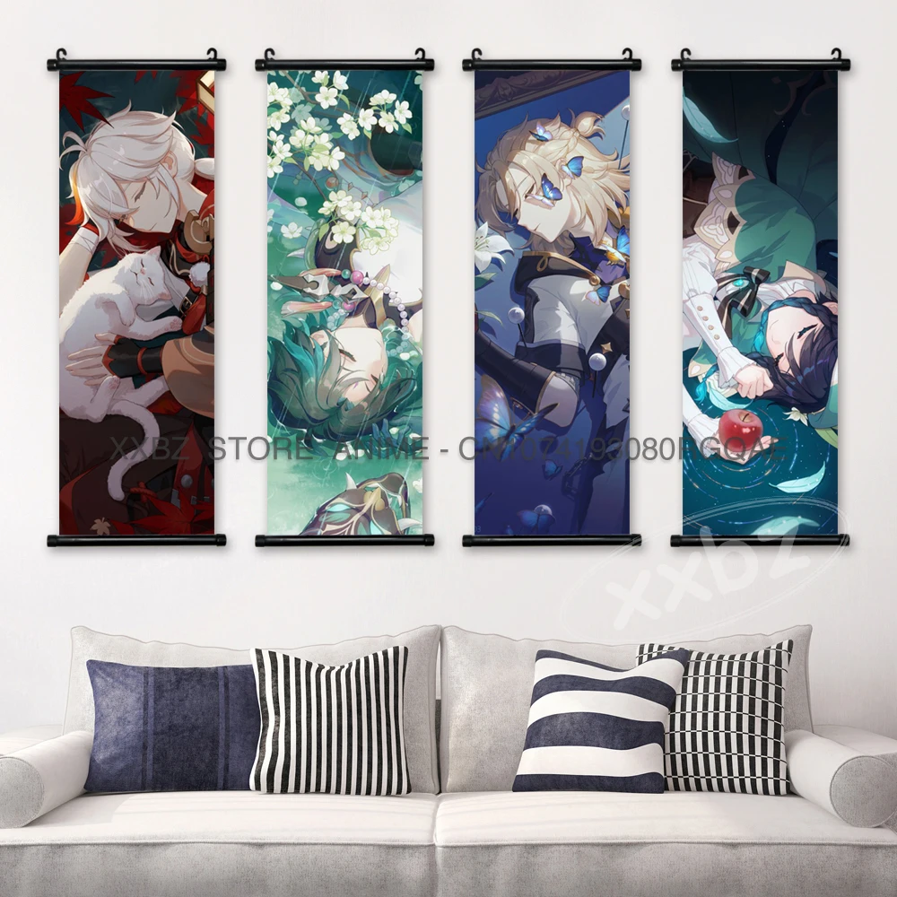 Genshin Impact Scroll Picture Anime Posters Diluc Game Characters Hanging Painting Wall Art Canvas Home Decor Bedside Background