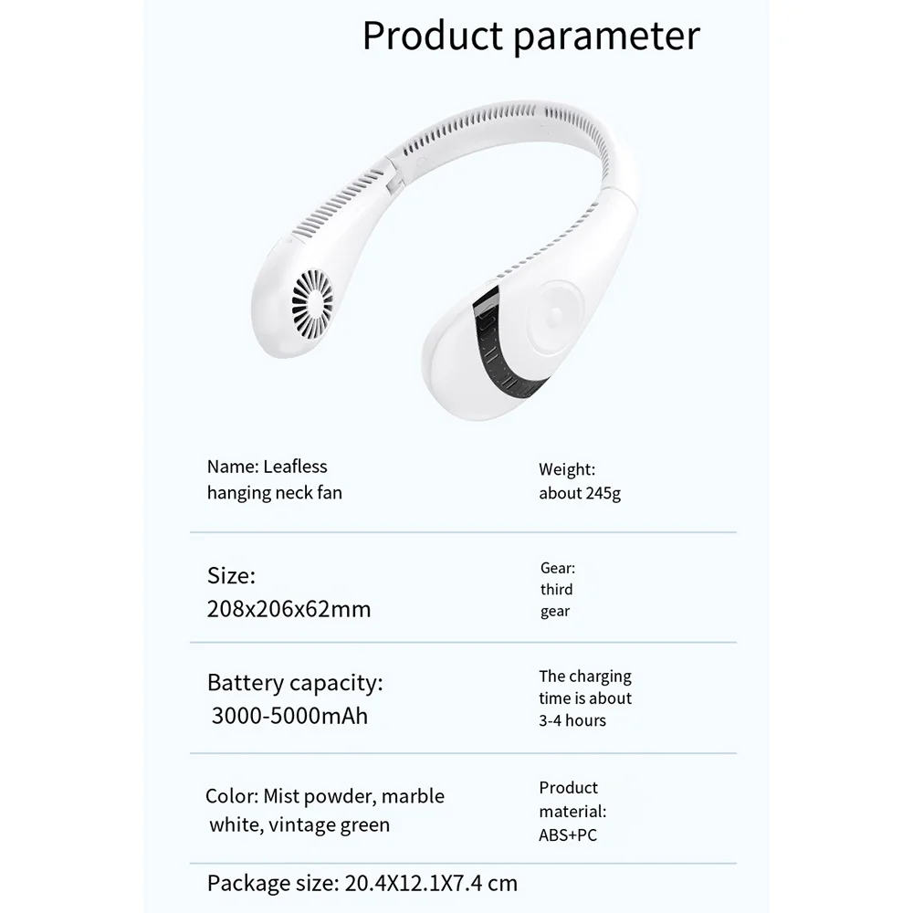 Ventilador de cuello colgante para deportes al aire libre, portátil, sin fugas, ajustable, silencioso, con carga USB, para estudiantes, 2024