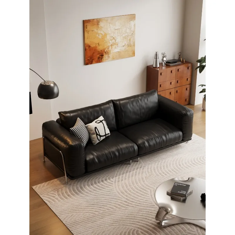 Italian minimalist straight row leather sofa new living room antique first layer cowhide black Hammer sofa