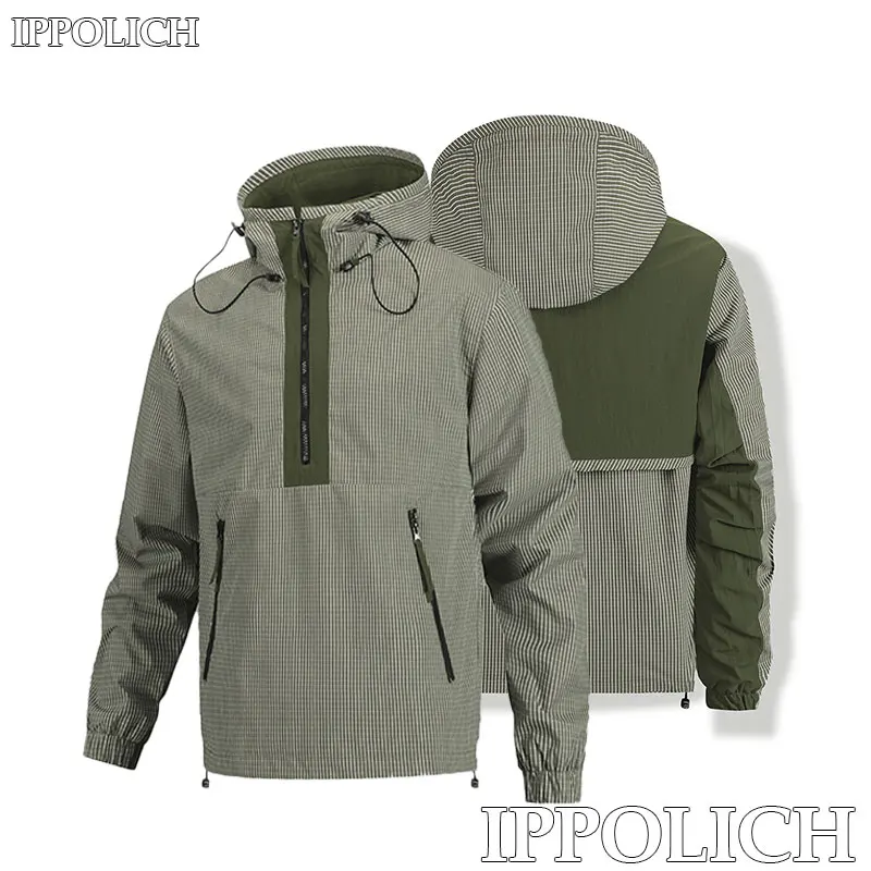 

Sport Jacket Waterproof Windproof Coat Men Running Sport Stripe Patchwork Half Zipper Adjustable Drawstring Hooded Sport Jacket