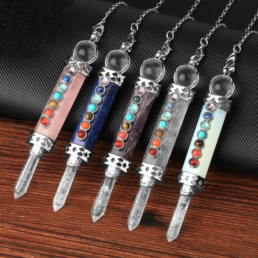 Charms Natural Healing 7 Chakra Crystal Hexagon Pendulum for Dowsing Divination Amethyst Rose Quartz Lapis Lazuli Agate Pendant