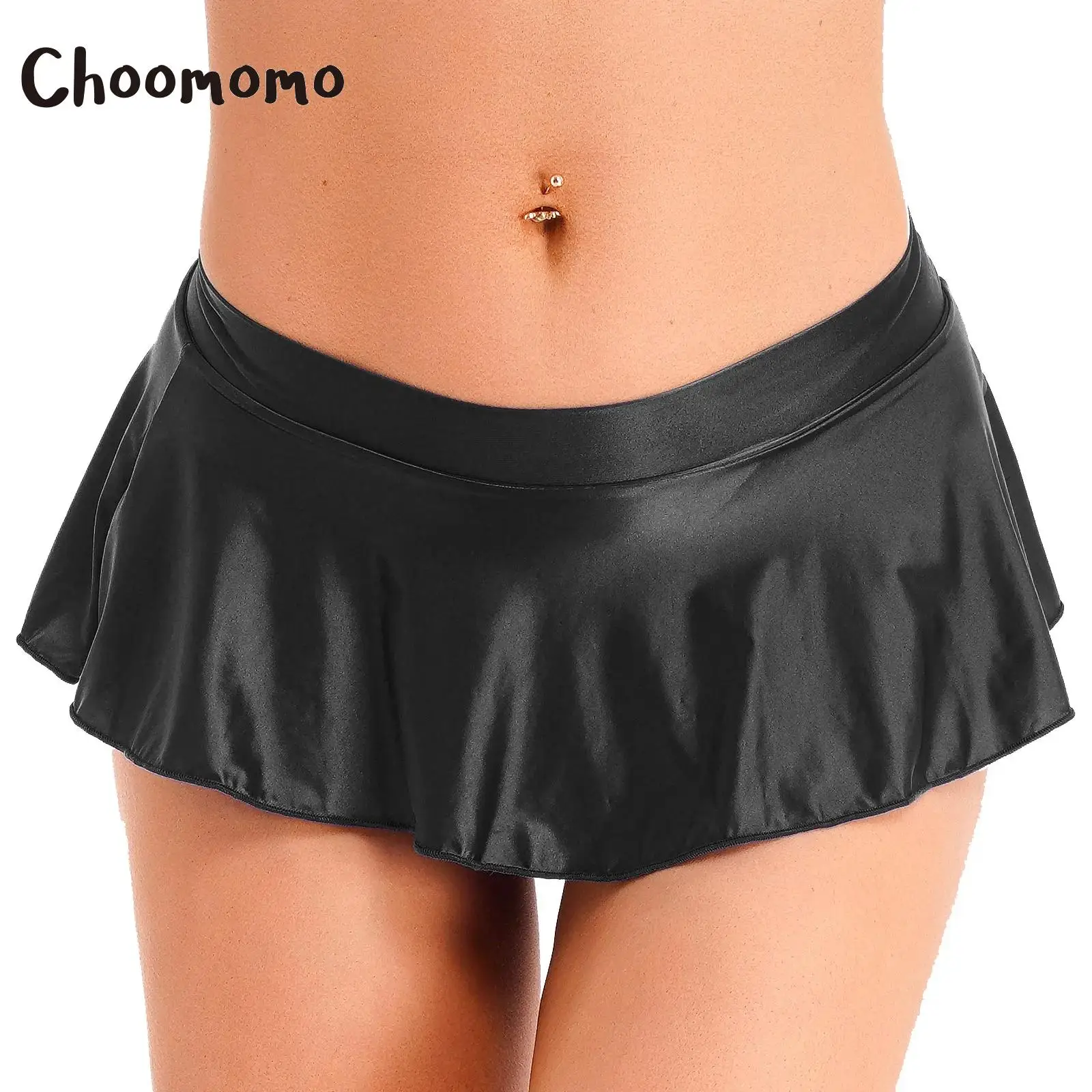 

Womens Shiny Glossy A-Line Skater Skirts Flirty Pleated Low Waisted See Through Ruffle Miniskirt Rave Dance Costume Clubwear