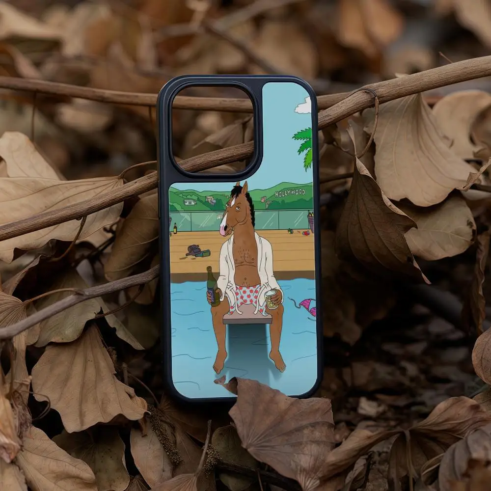 

Cartoon BoJacks Phone Case For iPhone 16 15 14 13 12 11 Pro Max Plus Black Frame Acrylic Carbon Fiber Hard Shell