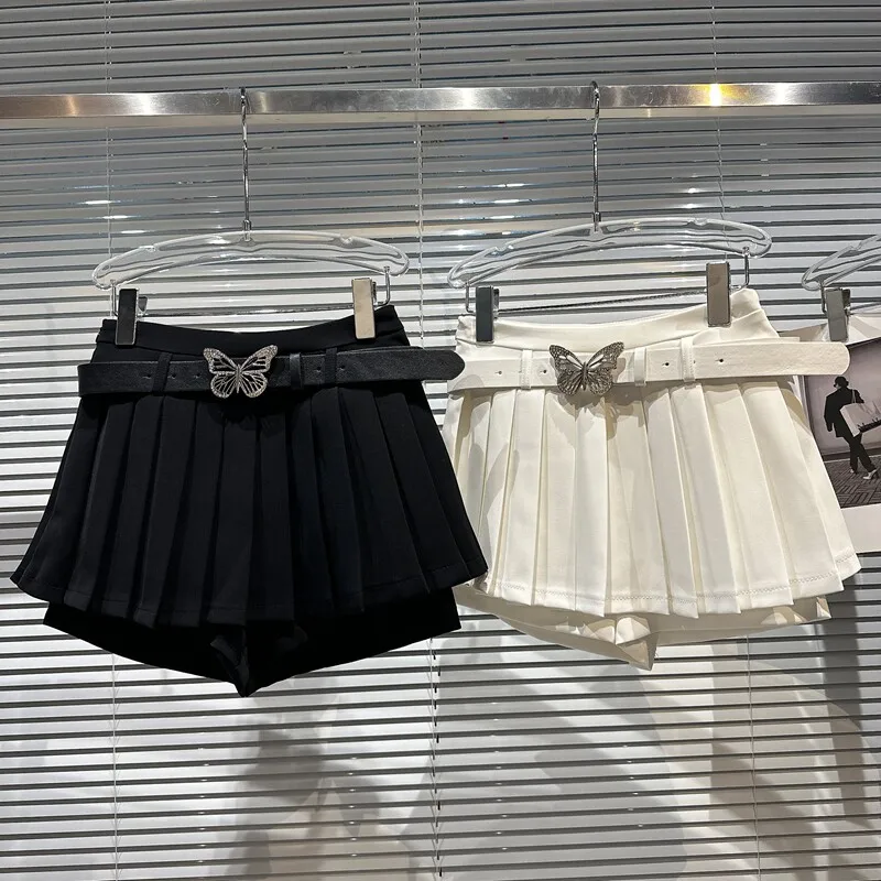 Spring Autumn Fashion Metal Butterfly Belt Wrinkle Skirt Female High Waist Solid Splice Slim Multiple Mini Bust Skirt for Women