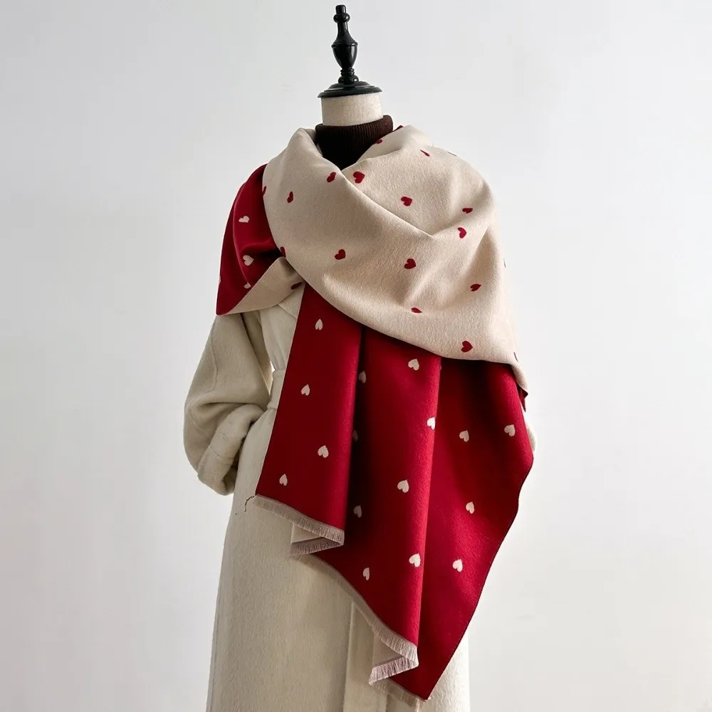 Elegant Double Sided Heart Pattern Scarf Soft Vintage Style Warm Shawl Comfortable Imitation Cashmere Wrap Scarf Outdoor