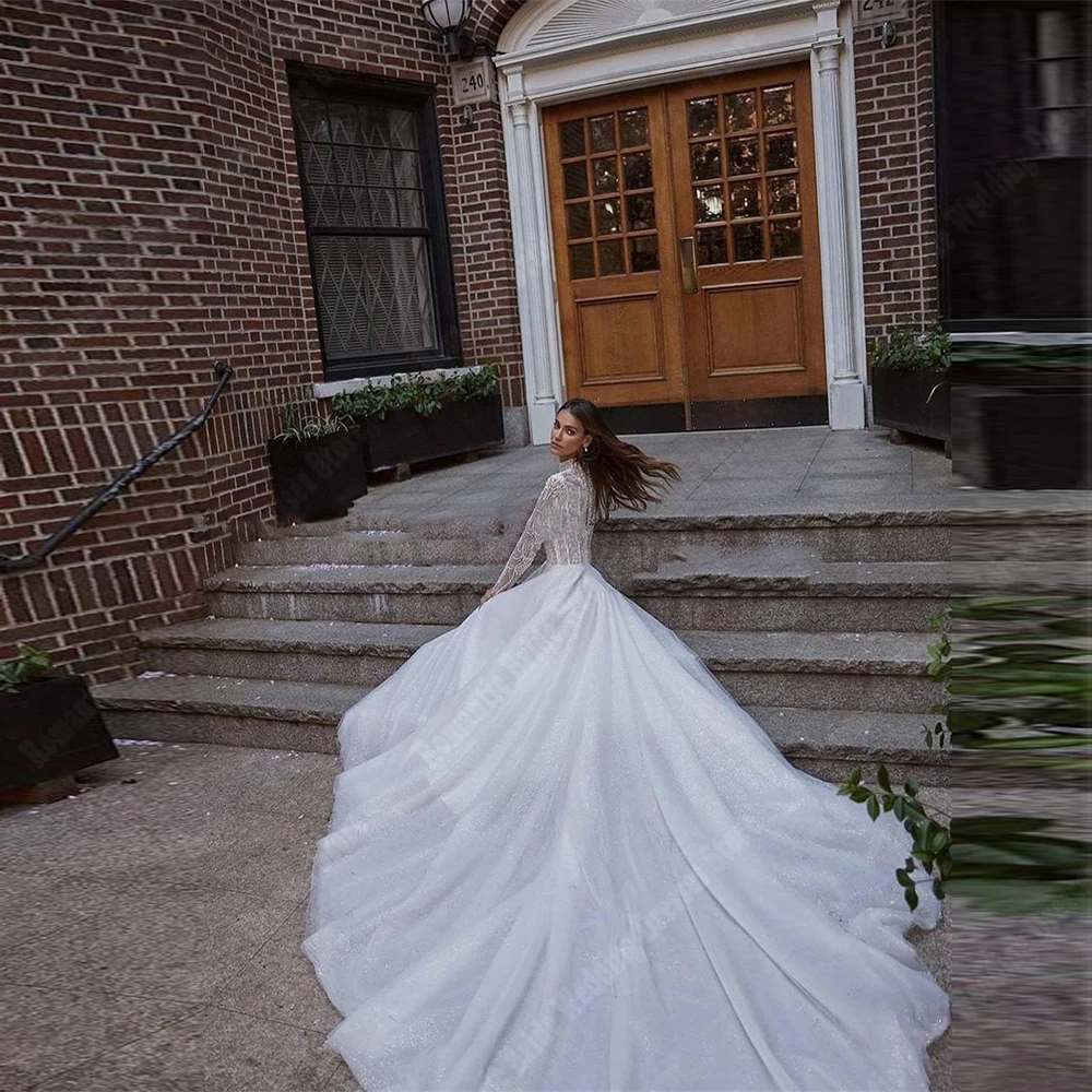 Vestidos De novia De cuello alto para mujer, superficie De tul brillante, longitud trapeada, Manga Larga, 2024