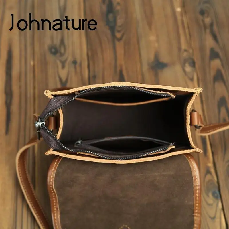 Johnature Vintage Natural Real Cow Leather Women Bag 2024 New Versatile Solid Color Soft Cowhide Small Square Shoulder Bags