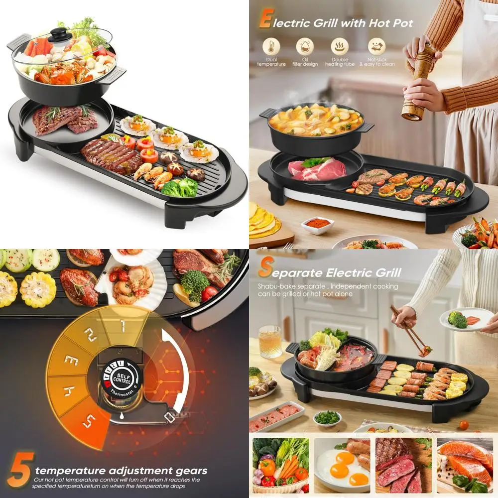 

2-in-1 Electric Smokeless Hot Pot and Grill with 2200W Removable Pot, Korean BBQ and Shabu Shabu Indoor Cooking Combo, Non-Stick