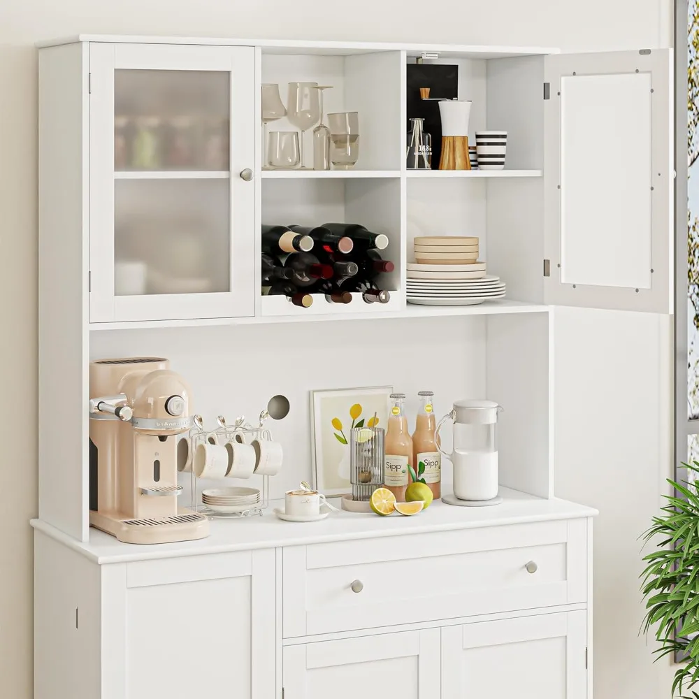 Kitchen Pantry Storage wine Cabinet, Modern Buffet Cabinet with Hutch, Tall Kitchen Hutch Cabinet with Microwave Stand,