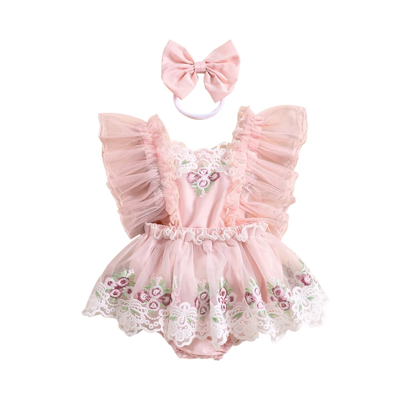 Toddler Baby Girl Floral Embroidery Ruffles  Romper Lace Trim Bodysuits Dress Headband Outfits