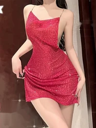 Pile Collar Mini Dress Nightclub Tank Women Hot Spicy Backless Sequins Sexy Pleated Gold Sliver Dress Elegant Uniform Hottie R7K