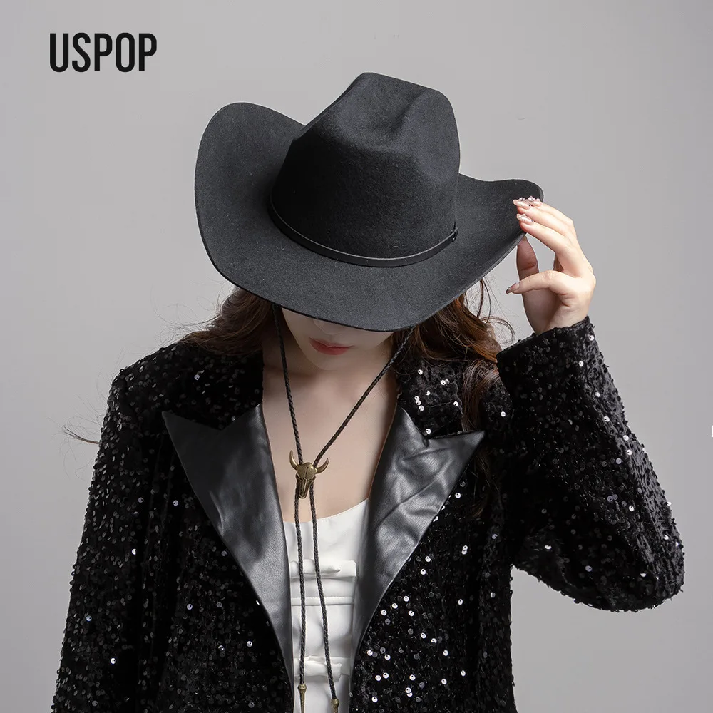 USPOP Autumn Winter Wool Felt Cowboy Hat with Bull Head Strap for Women Mem Unisex Wide Brim Curved Edge Fedora Hat,S-XL Size