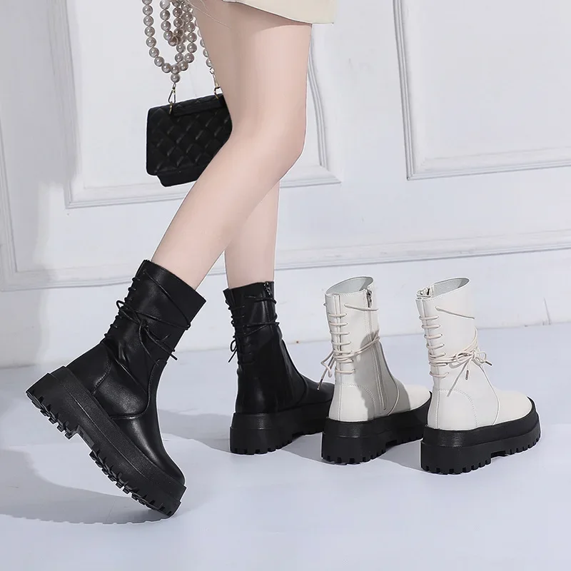 Women Boots 2021 New Leather Thick-soled 6 Boots Women\'s Short Boots Side Zipper Rider Boots Back Lace Mid-tube Boots