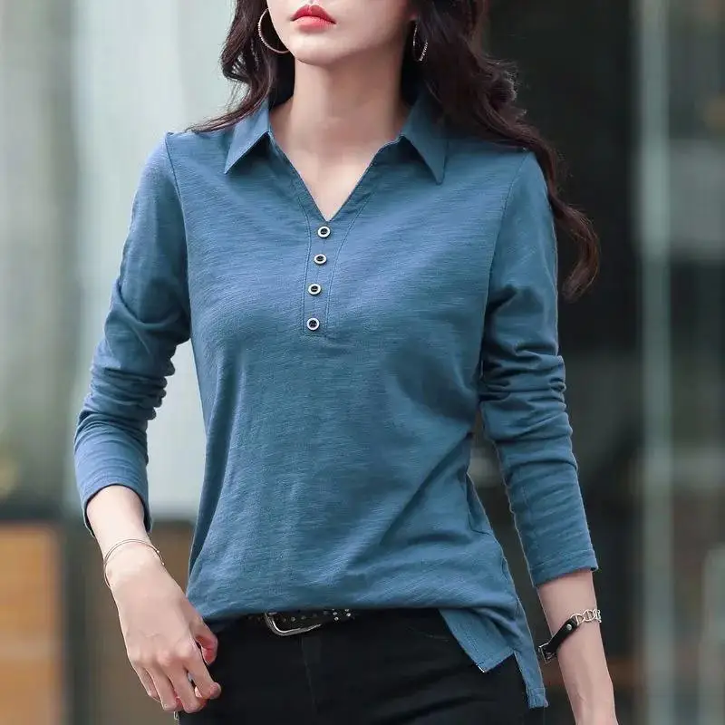 HI-FASHION Women Autumn Cotton Button T-Shirt Korean Harajuku Lapel Office Long Sleeve Female Plus Size Tops Tees Shirt